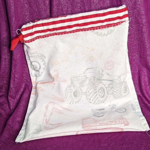 Reusable fabric produce bag with tare weight- trucks and red stripes - Picture 6 of 6